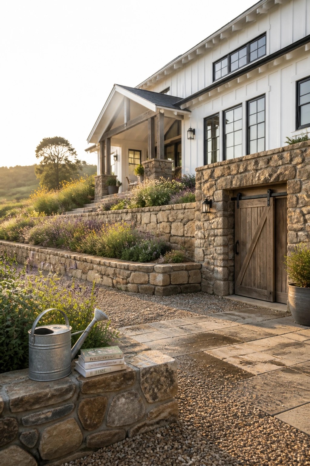 A white house exterior with stone retaining walls, a wooden door built into a stone structure, and a gravel path in the foreground.