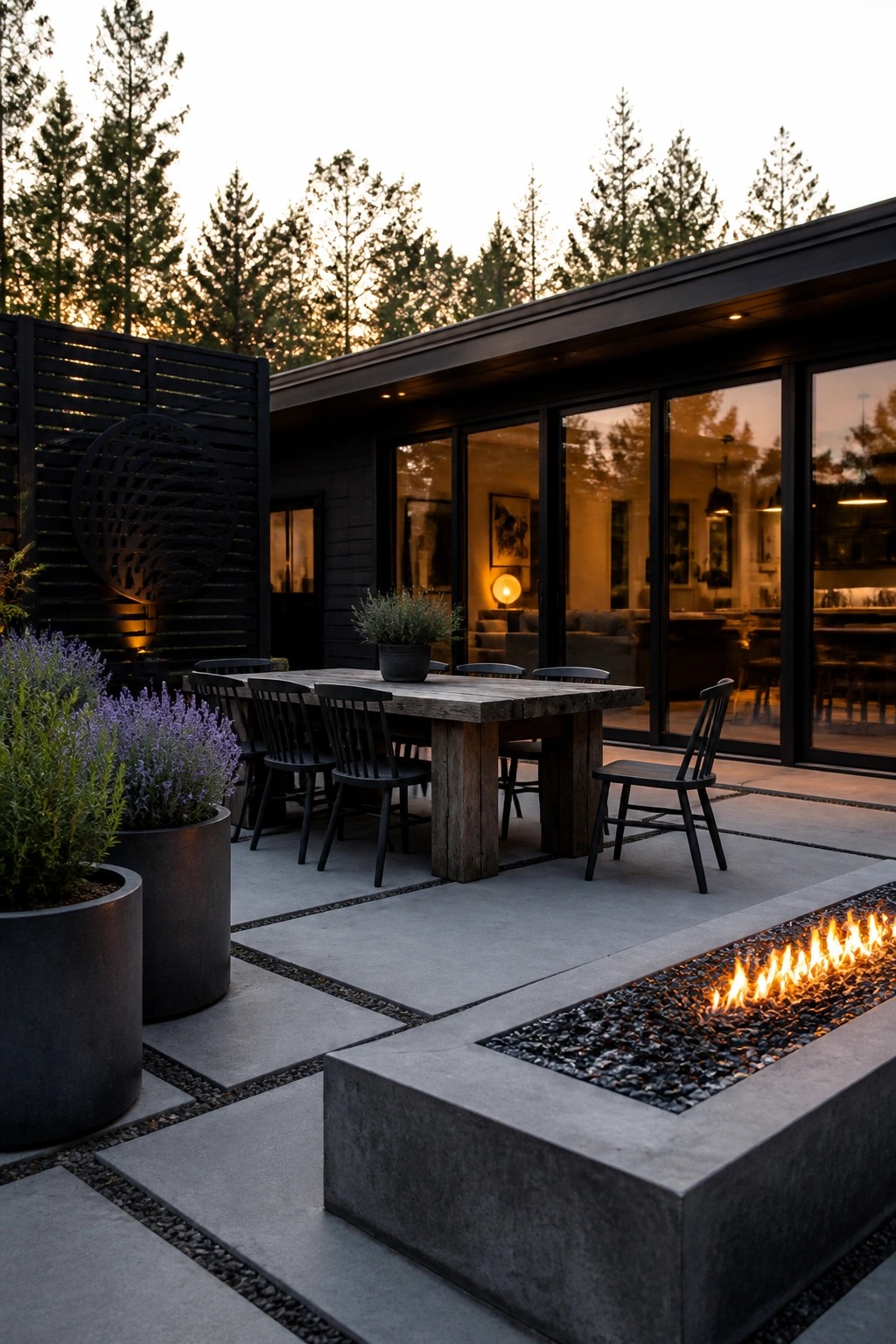 A modern black house with large glass doors opens to a concrete patio that holds a long built-in fire pit, a wooden dining table with black chairs, and several large potted plants.