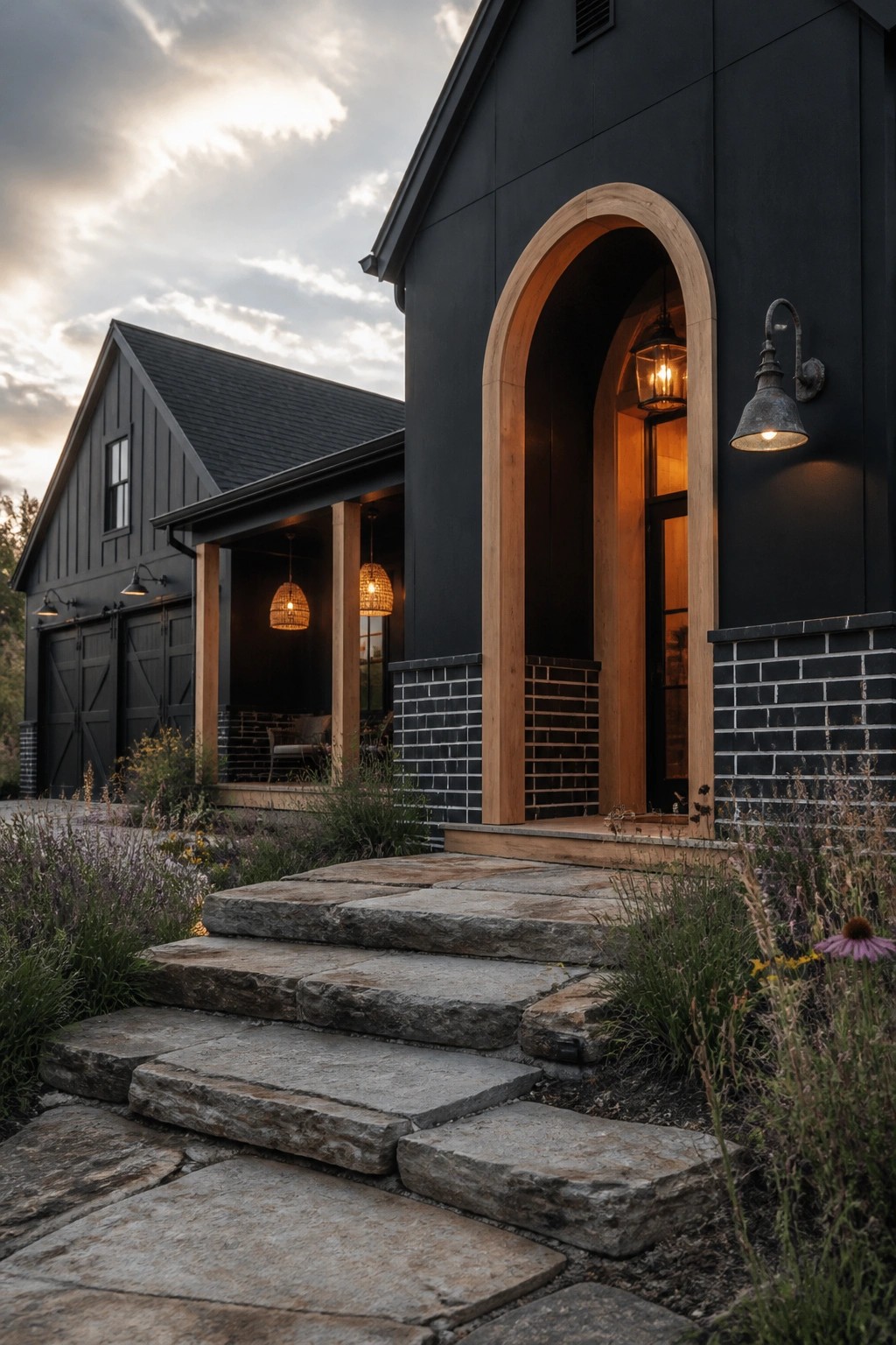 A black modern house with a large wooden arched entry, stone steps, and wall lanterns at dusk.
