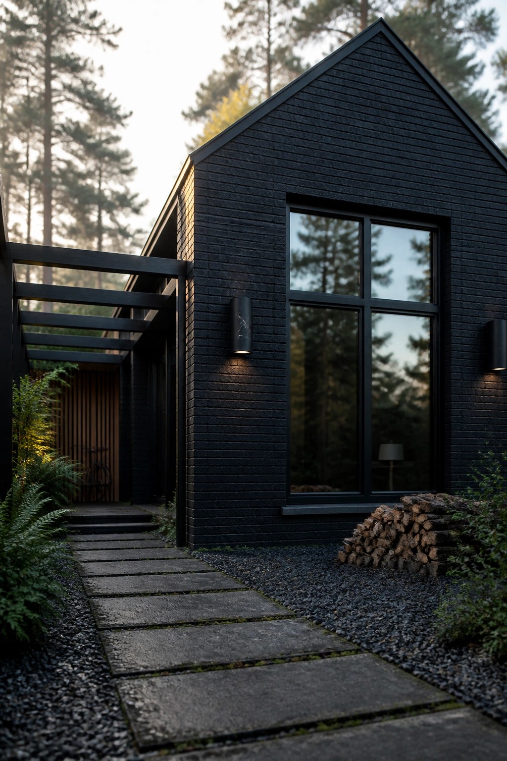A modern black house exterior with large windows, a stone path, and a stack of firewood beside the building.
