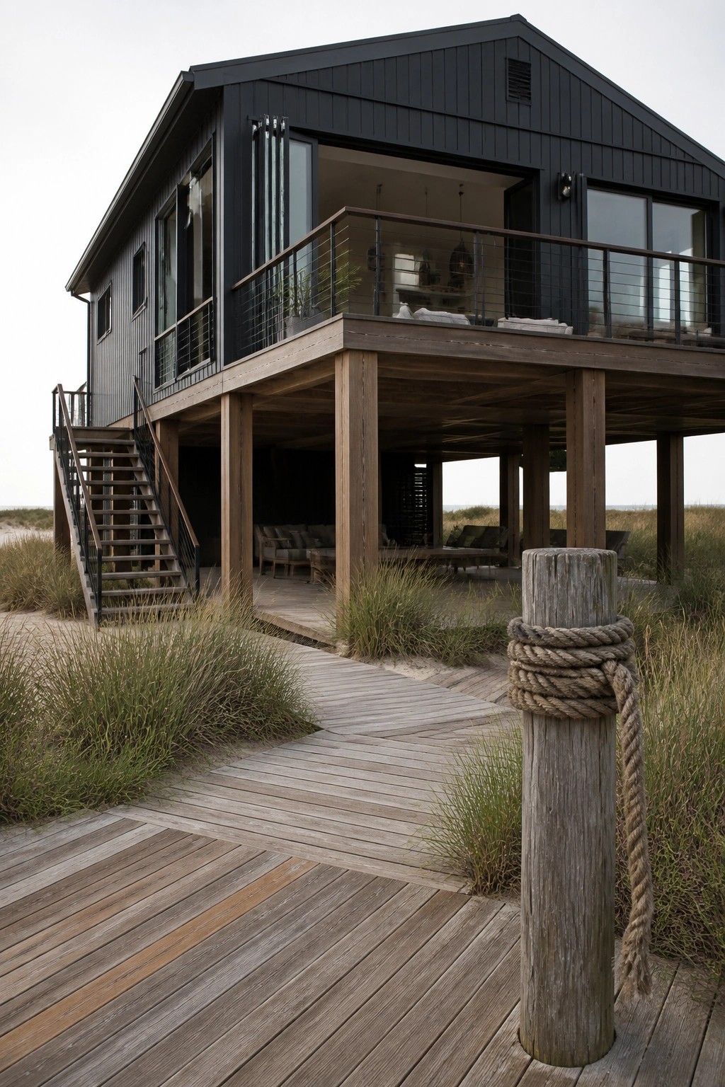 A modern black house elevated on thick wooden posts, with a large wooden deck, balcony, and stairs leading up from the surrounding grass and sand.