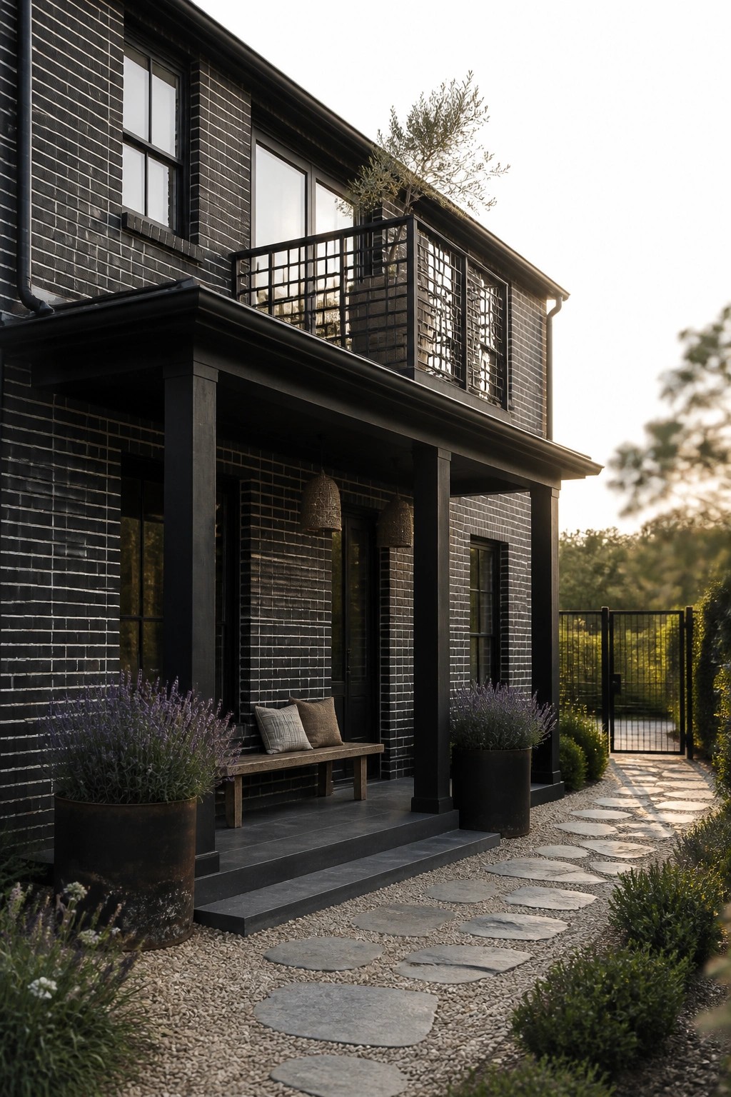 A black brick modern house with a covered porch, bench, hanging lights, and a stone pathway bordered by potted plants.