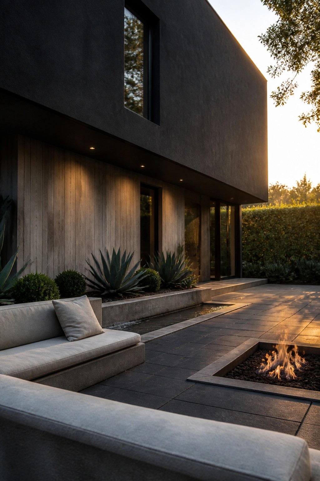 Modern patio with burning fire pit, water feature, sofa, and plants at dusk