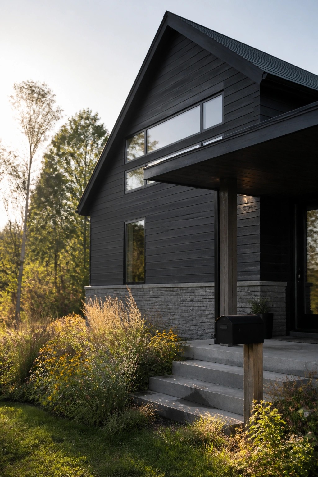 A modern house with black horizontal siding, large windows, a stone foundation, concrete steps, and a black mailbox beside landscaping with yellow flowers.