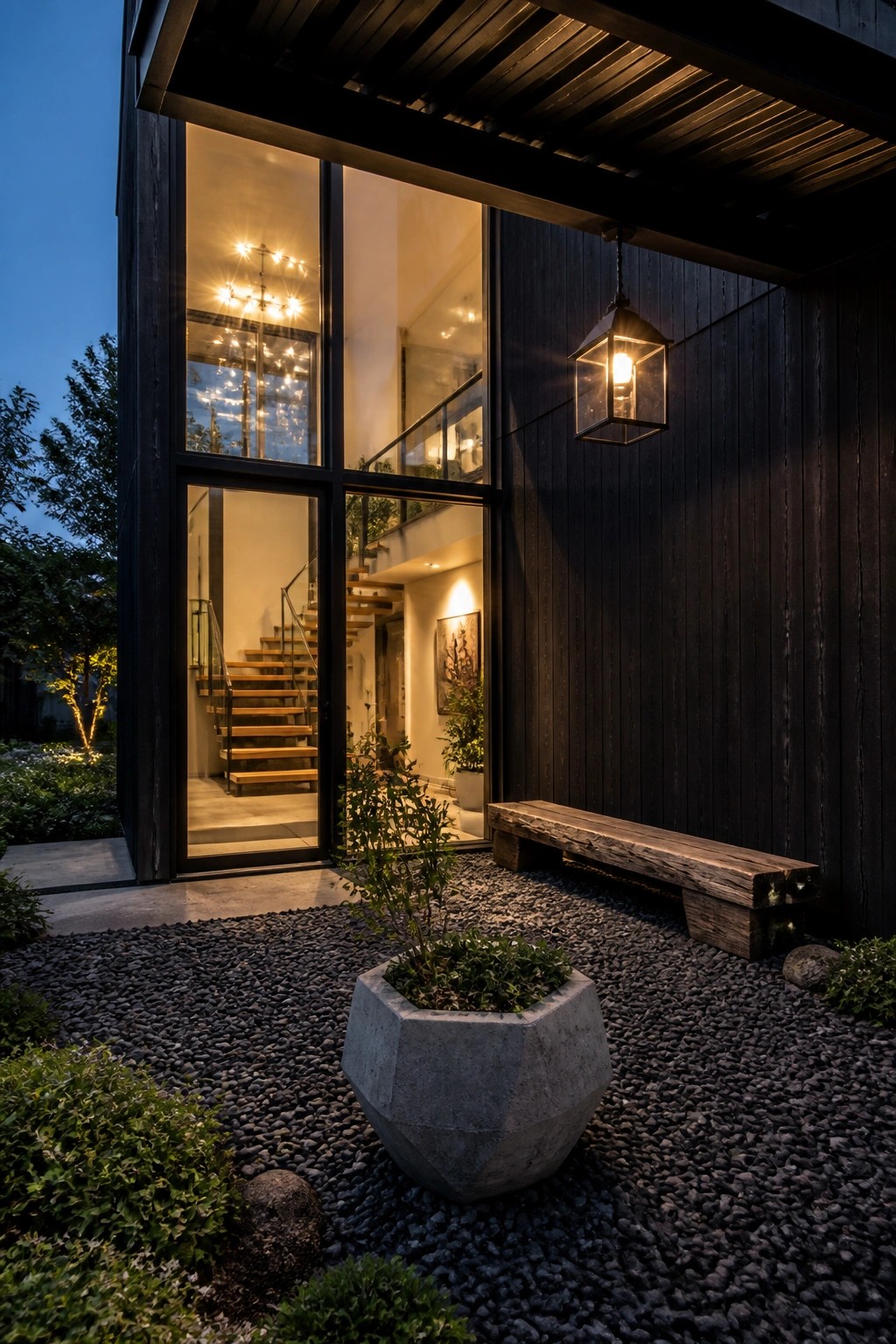 Modern house with black vertical siding, large glass windows revealing a lit interior staircase, hanging lantern above a wooden bench, and gravel courtyard with a concrete planter.