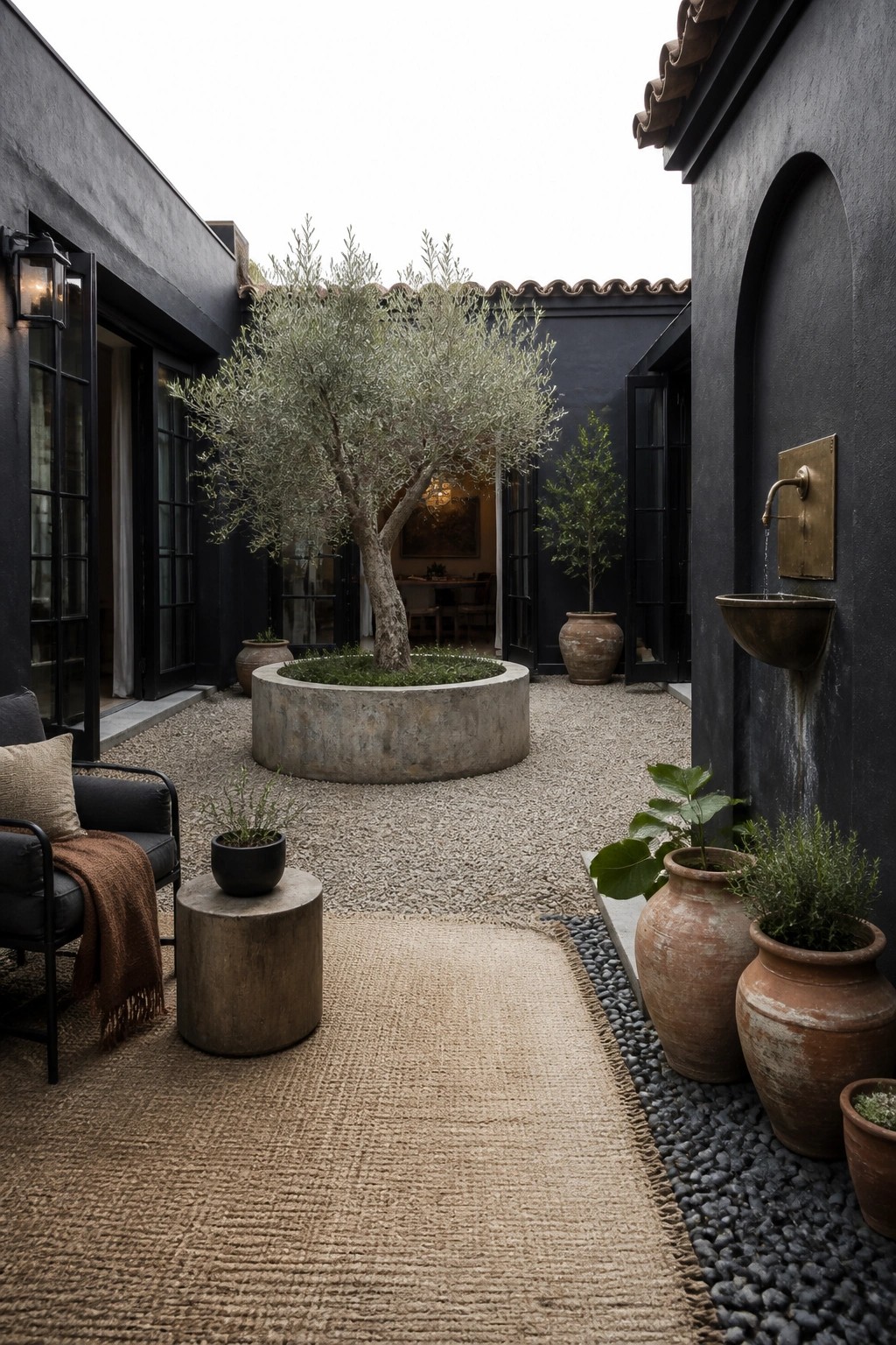 A modern courtyard enclosed by black stucco walls, featuring a central olive tree in a round concrete planter, gravel ground cover, terracotta pots, and a brass wall fountain.