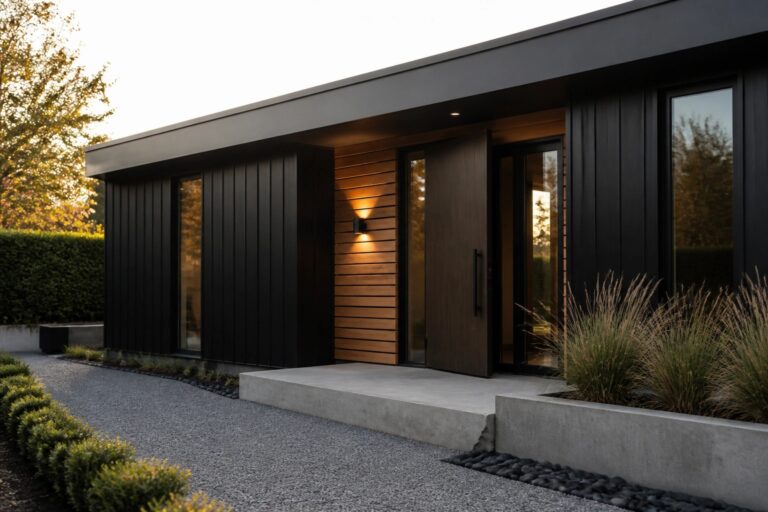 Modern black house exterior with horizontal wood slats around a centered wooden front door and a concrete entry step.