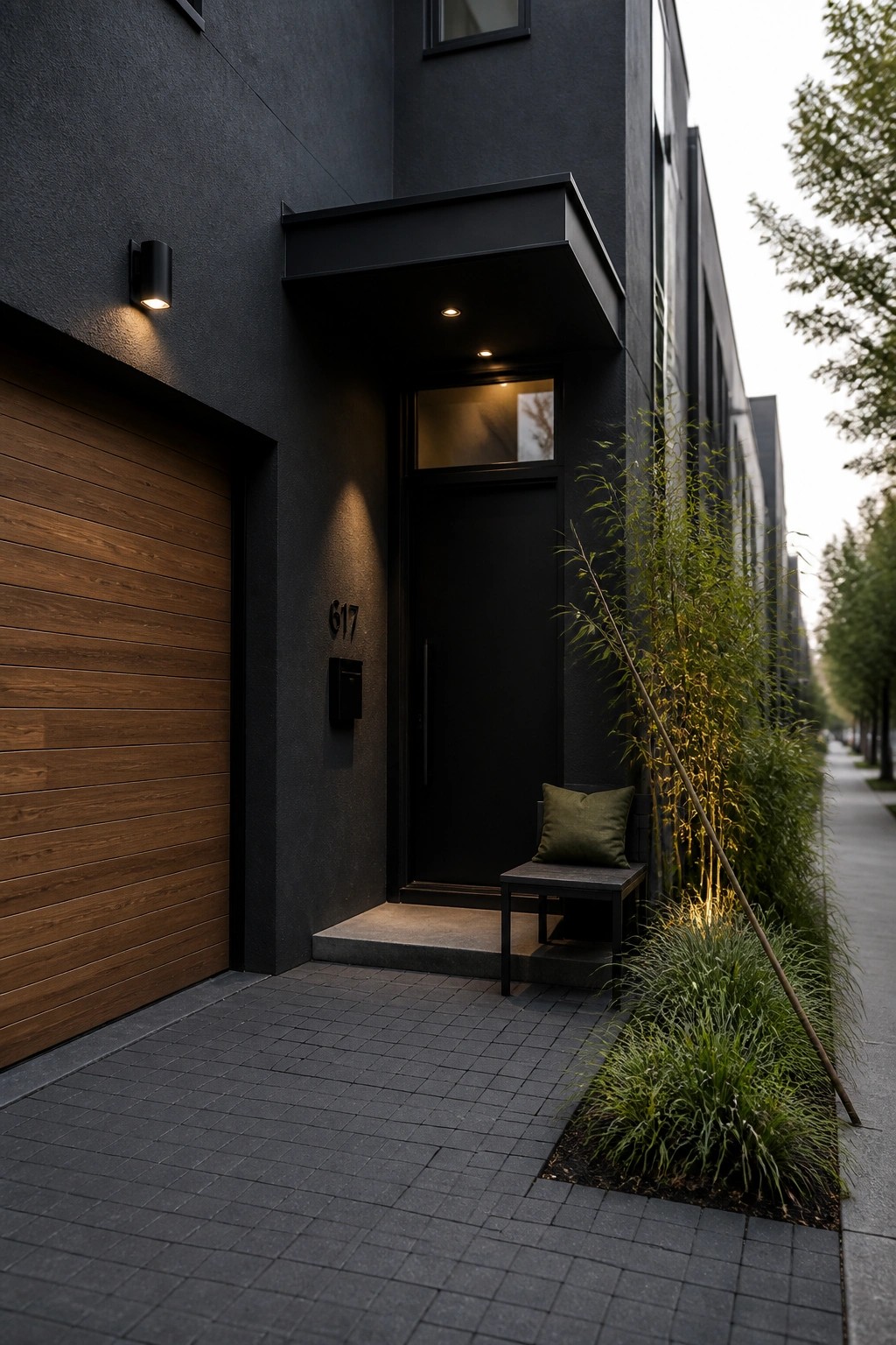 A modern black house exterior featuring a wooden garage door on the left, a black front door with overhead canopy, a small bench with green cushion, and tall grasses along the paved entry.