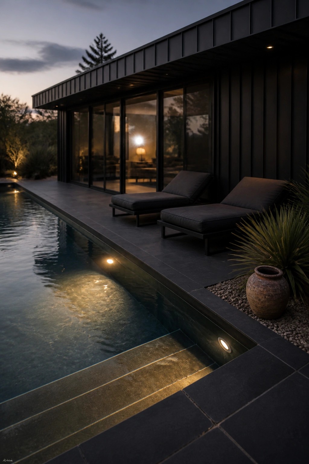 A modern black house with large glass windows overlooks a long pool with lit steps and two dark lounge chairs on the stone patio at dusk.