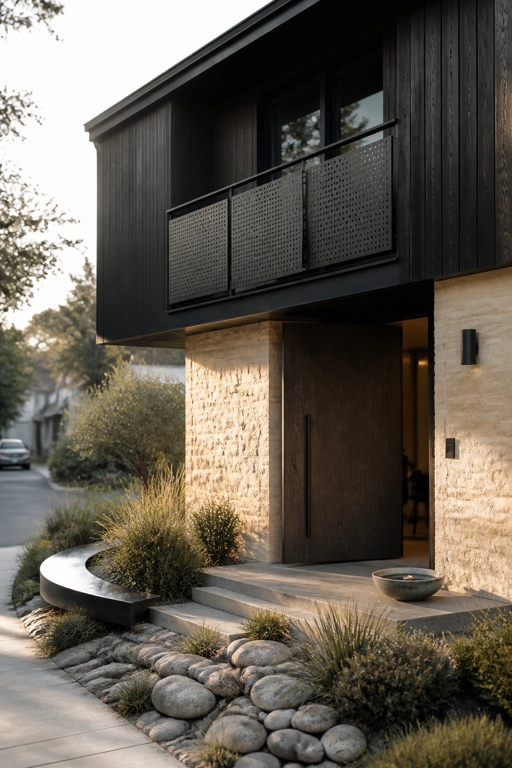 Modern dark wood house with balcony, wooden door, stone steps, and rock garden.