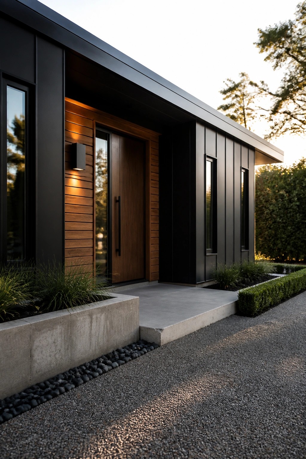 Modern black house exterior with horizontal wood slats around a centered wooden front door and a concrete entry step.