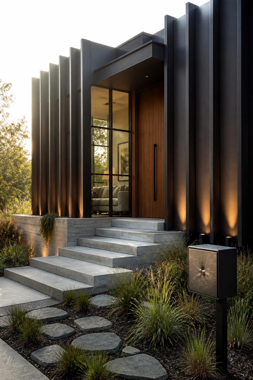 A modern house entrance with black vertical fins, a wooden door, concrete steps, and a stone path in the foreground.