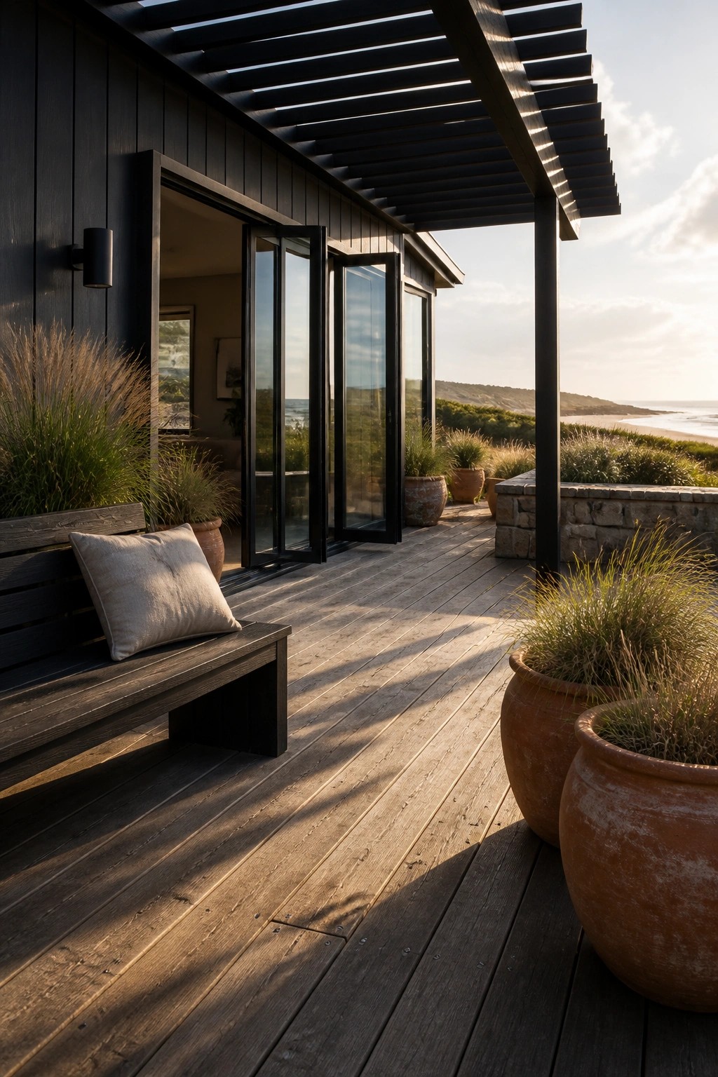 A black modern house exterior with open sliding glass doors leading to a wooden deck furnished with a bench and large terracotta pots overlooking a coastal landscape.