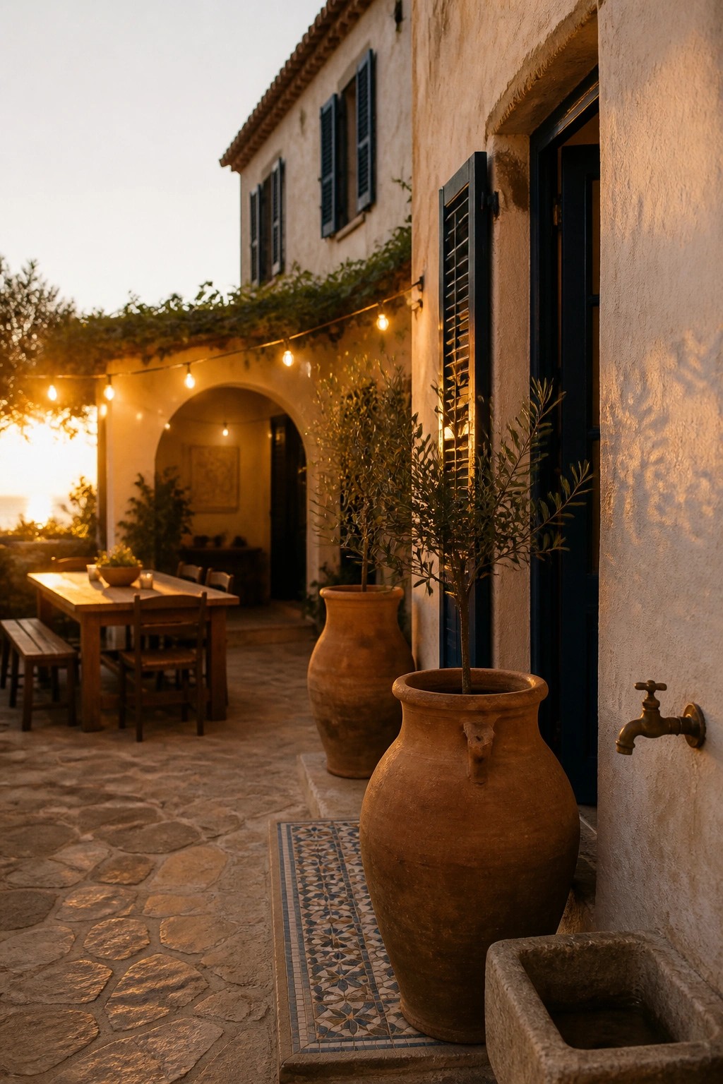 A stone-paved courtyard outside a white stucco house shows a wooden dining table with benches, large terracotta pots holding small trees, string lights overhead, and a view of the sea at sunset.