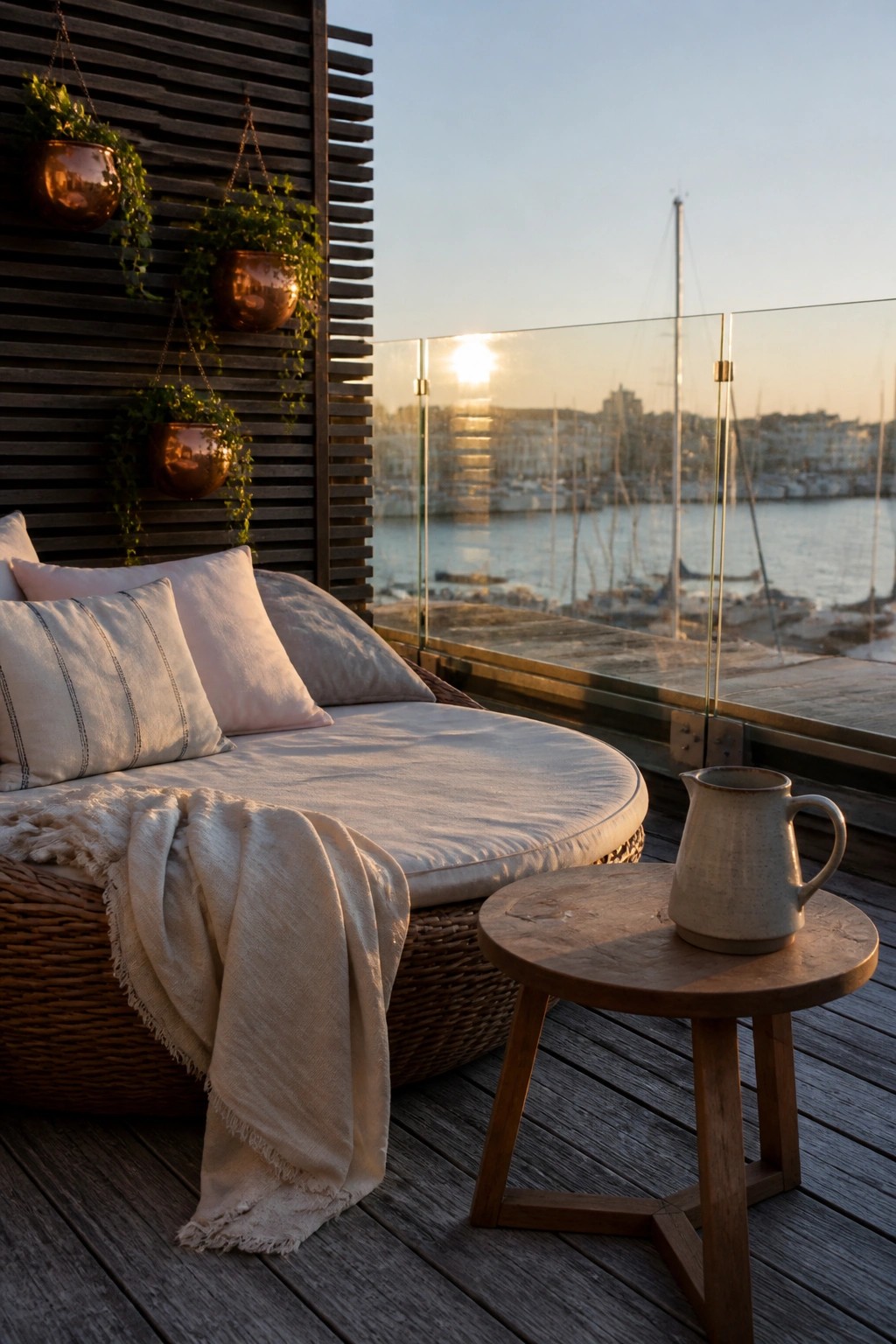A round woven daybed with white cushions and a throw blanket sits on a wooden deck next to a glass railing overlooking the water at sunset.