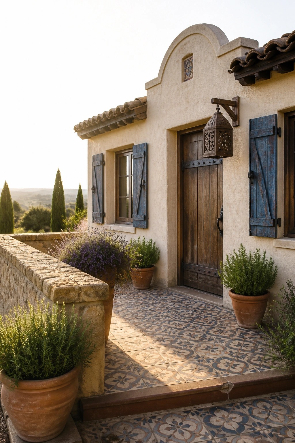 A stucco house with a wooden front door, blue shutters on the windows, a metal lantern on the wall, and terracotta pots with plants on a patterned tile patio.
