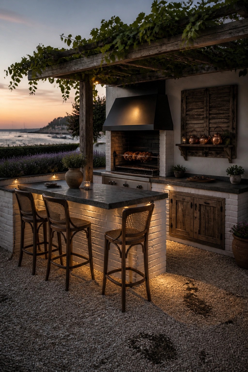 An outdoor kitchen with a stone bar counter, three wooden stools, a built-in grill under a black hood, and a wooden pergola with vines overlooking the sea at dusk.
