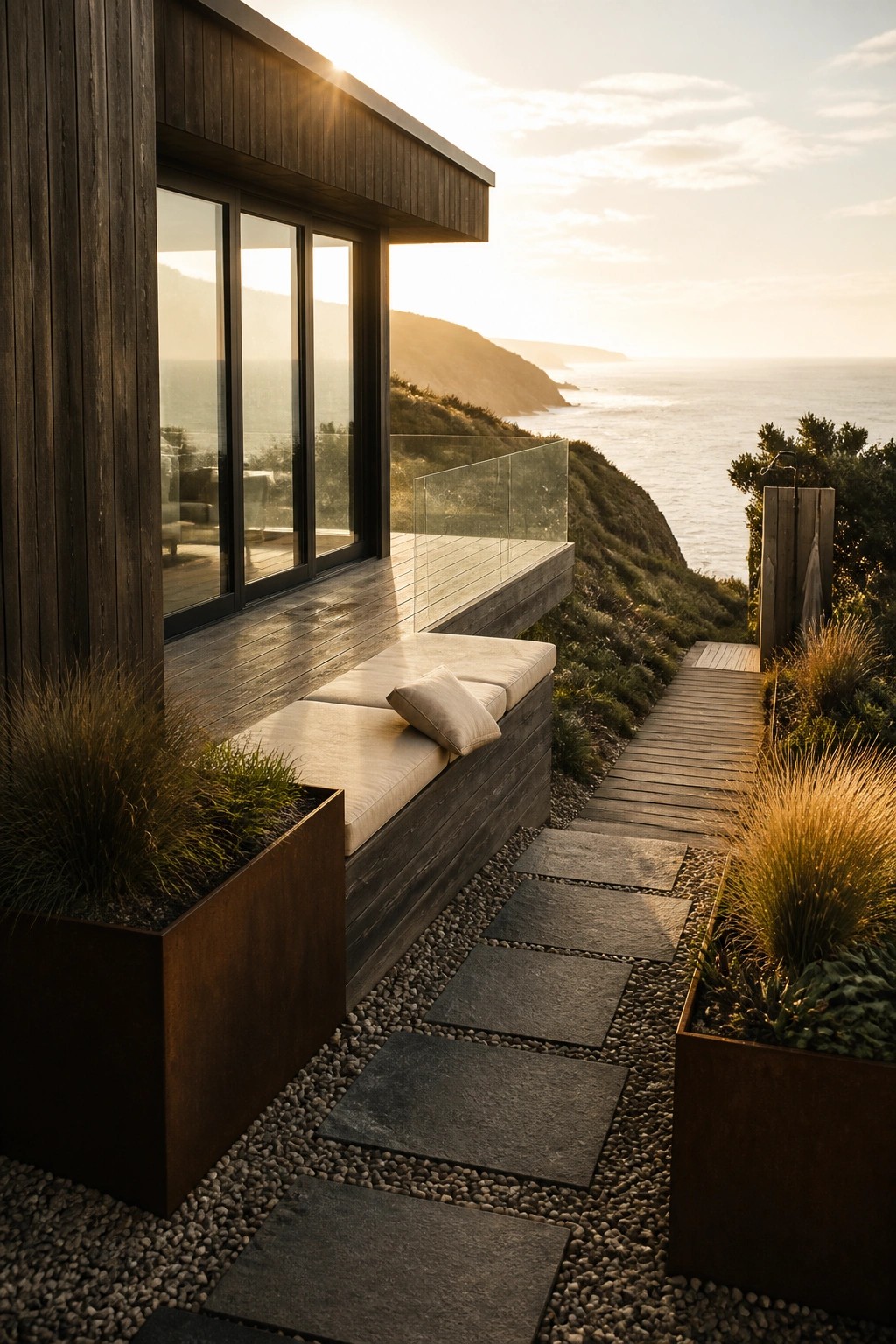 A modern dark wood coastal house with a wooden deck, built-in cushioned bench seating, glass railing, stone pathway, and outdoor shower overlooking the ocean at sunset.
