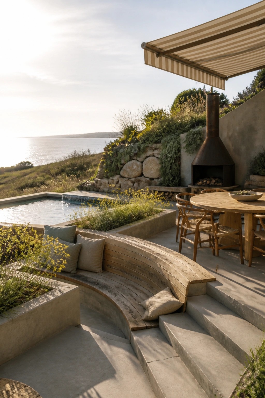 A curved wooden bench built into a concrete patio beside a pool, with outdoor dining furniture and a metal fireplace nearby overlooking the sea.