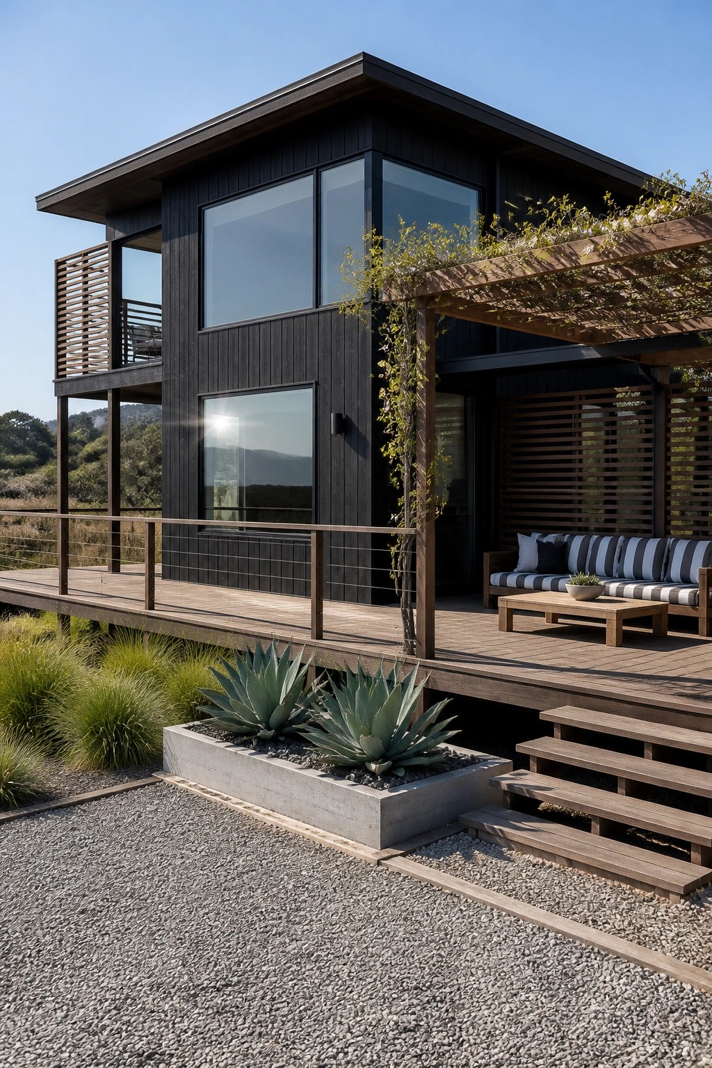 A modern dark wood house with a large wooden deck, striped sofa seating under a wooden pergola, concrete planters with agave, and gravel in the foreground.