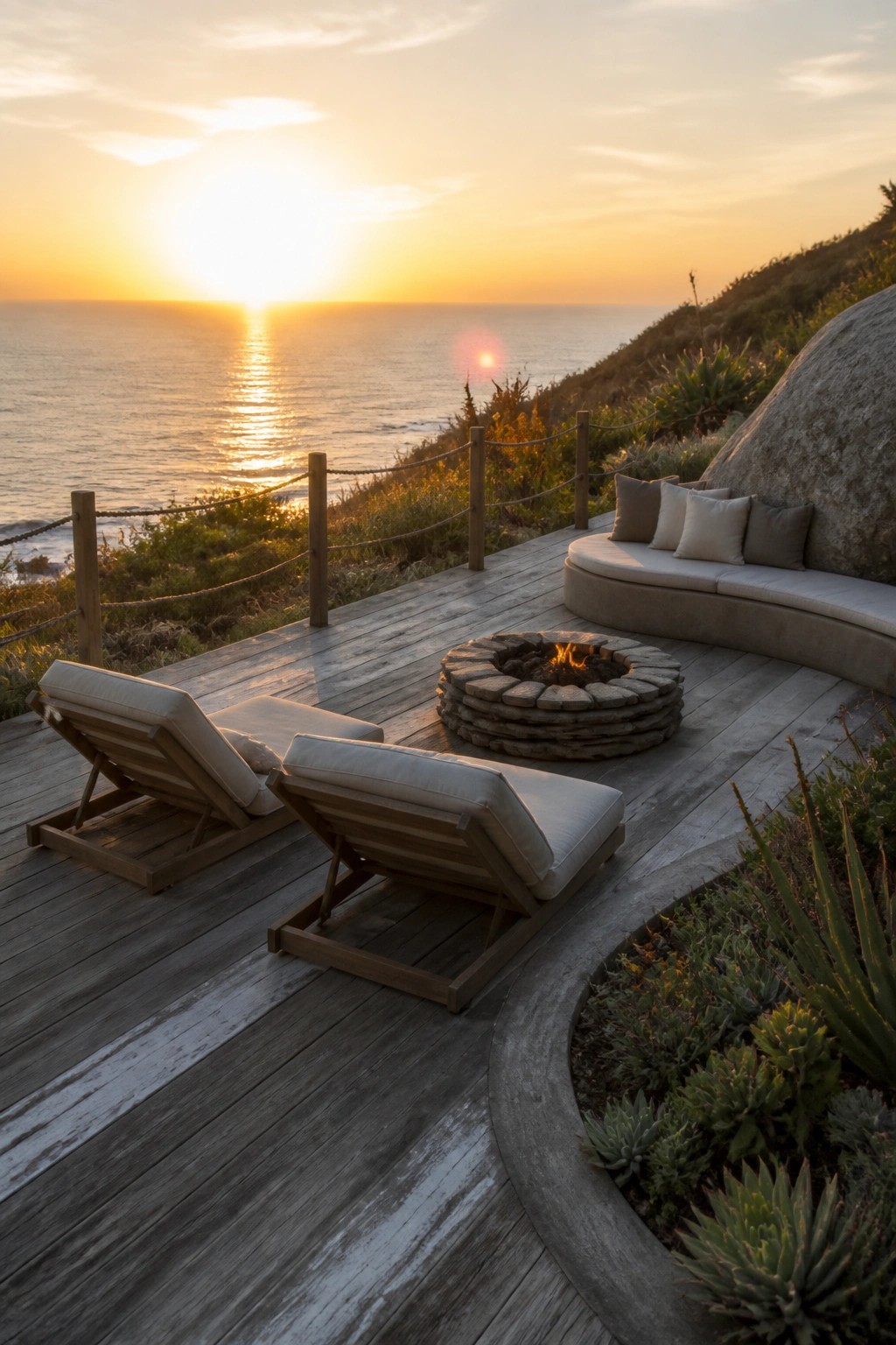 Wooden deck with lounge chairs, fire pit, and ocean sunset view