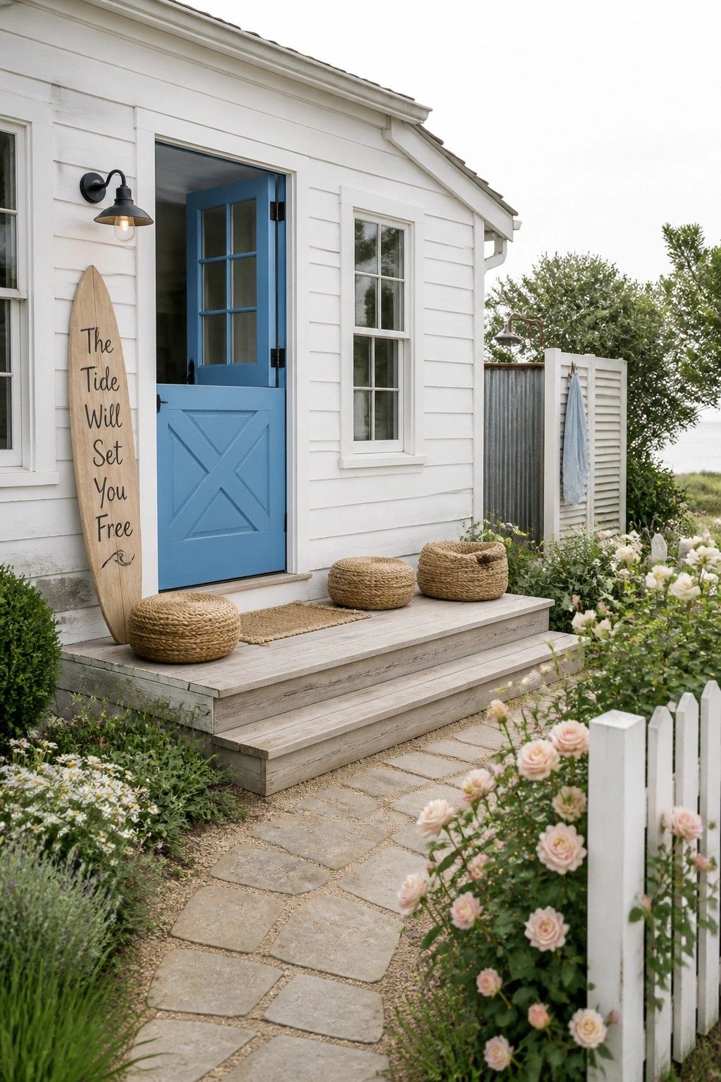 A white house exterior with a bright blue front door, wooden porch steps, woven baskets, a surfboard sign, and a stone pathway bordered by flowers and a white picket fence.
