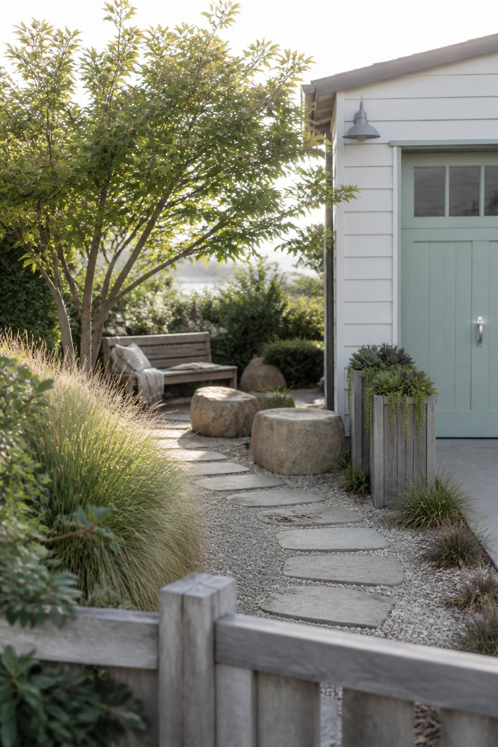 A gravel path with irregular stepping stones winds past grasses and shrubs toward a light green door on a white building.