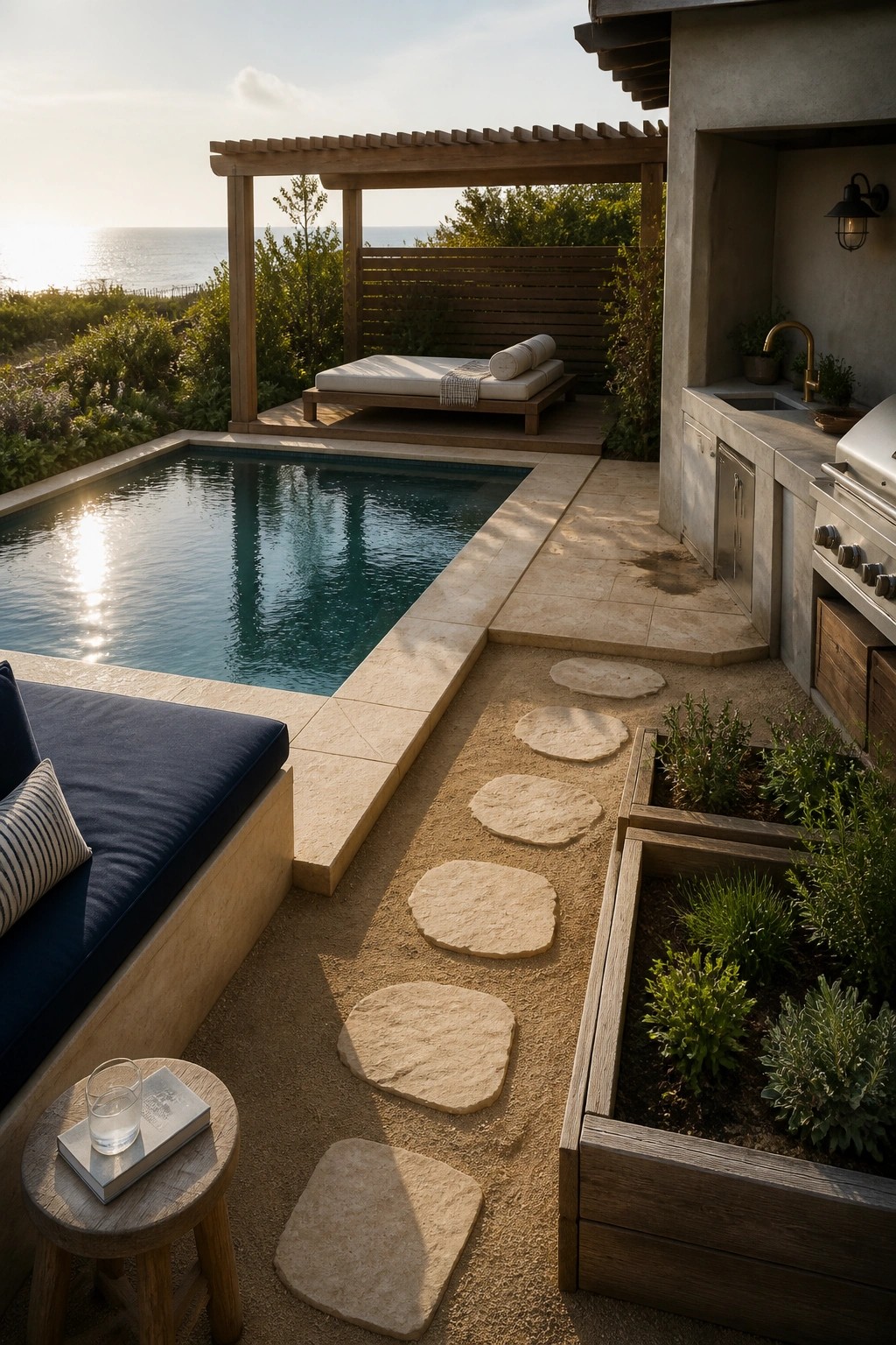A coastal poolside patio with irregular stone stepping pavers set in sand, an outdoor kitchen on the right, raised wooden planters, and a lounge chair under a pergola overlooking the ocean.