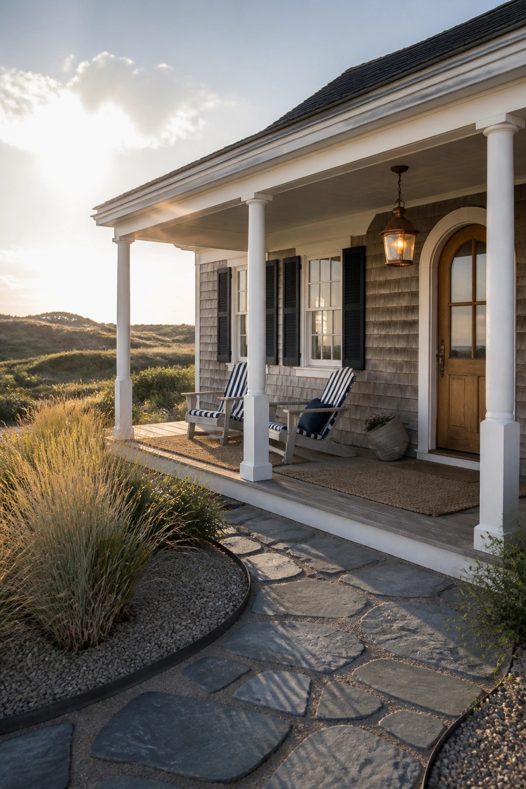 A coastal house with gray shingle siding, white porch columns, black shutters, and an irregular stone pathway leading to the front door.
