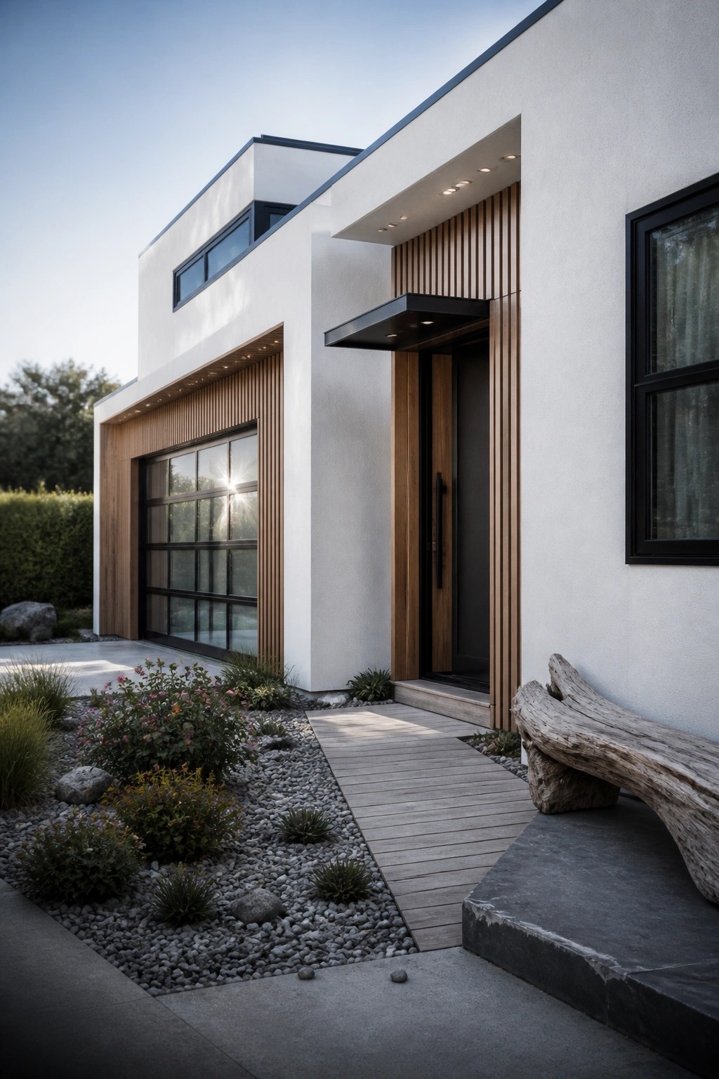 A modern white house exterior featuring vertical wood slats around the entry and garage, a dark front door with overhang, black-framed windows, and a gravel path with low plants.