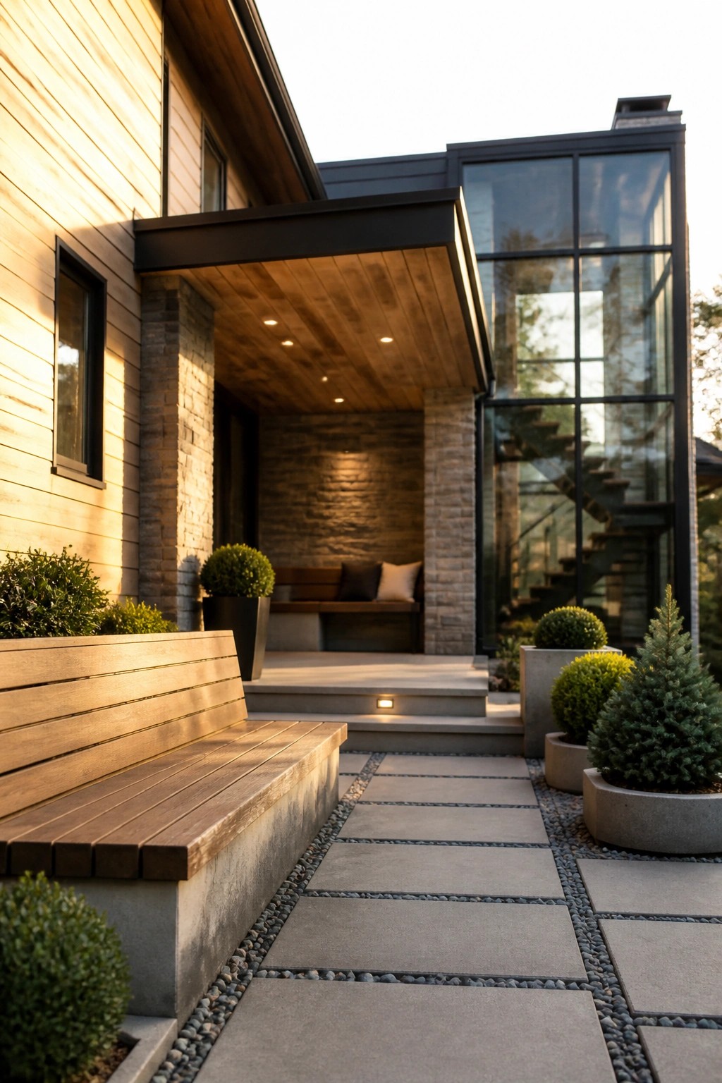Modern house entry with a covered wooden ceiling, stone pillars, built-in bench, and paved walkway bordered by potted plants.