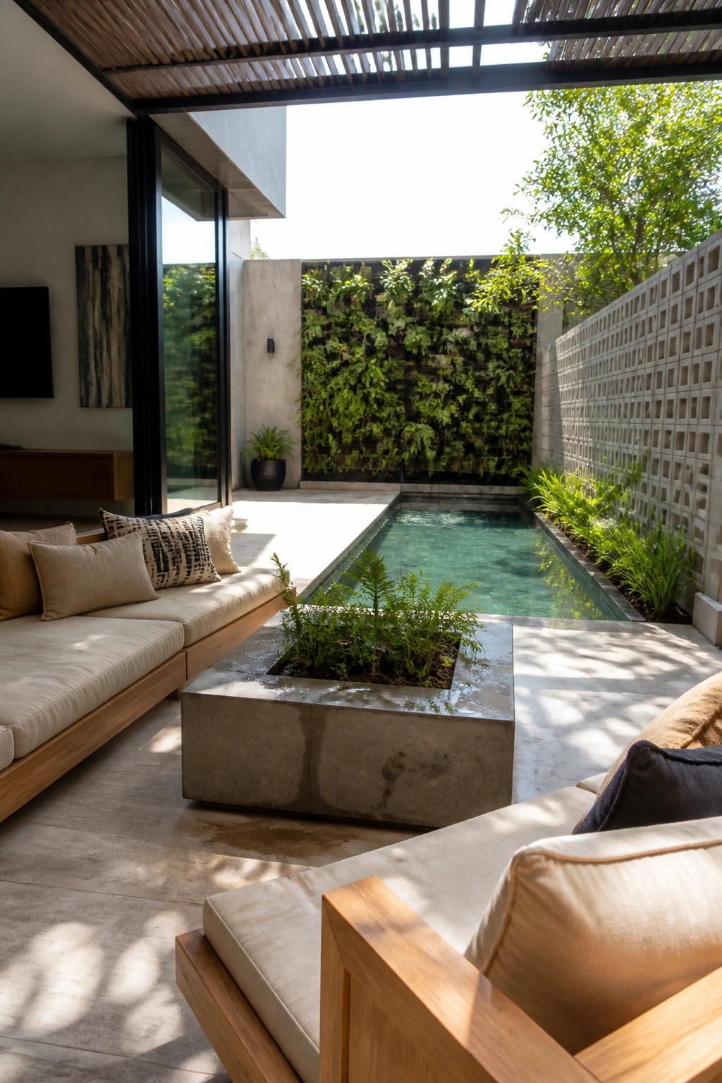 Modern outdoor patio with a narrow pool, built-in concrete seating with cushions, a central concrete planter filled with ferns, and a living wall at the far end.