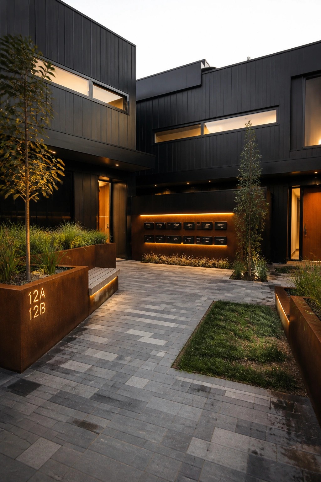 Modern black house exterior with a paved courtyard, rusted metal planters, and an illuminated row of mailboxes along the wall.