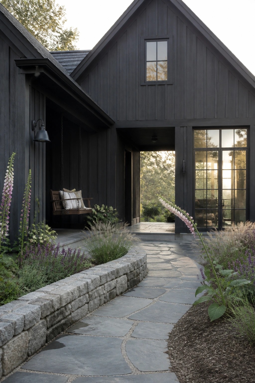 A dark wood-sided house exterior with vertical siding, a stone pathway, and a covered entry featuring a porch swing and large glass doors.