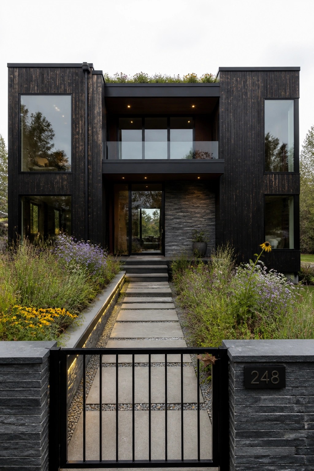 A modern two-story house clad in dark vertical wood siding with large windows and a central entrance reached by a stone pathway and black gate.