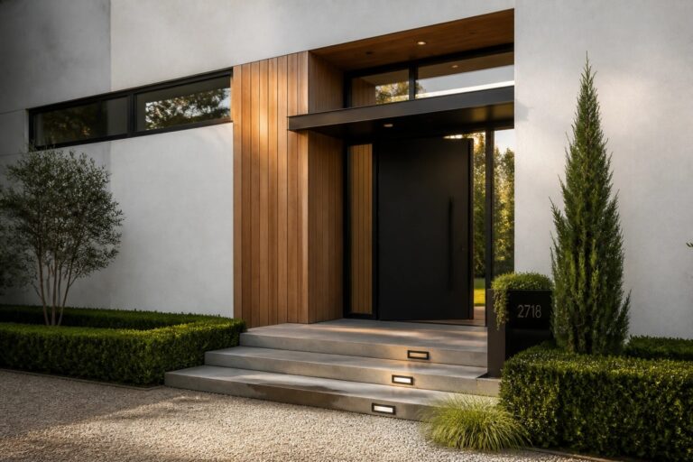 A modern house front entrance with a black door, concrete steps, wood siding on the right side, light stucco walls, and a gravel driveway.