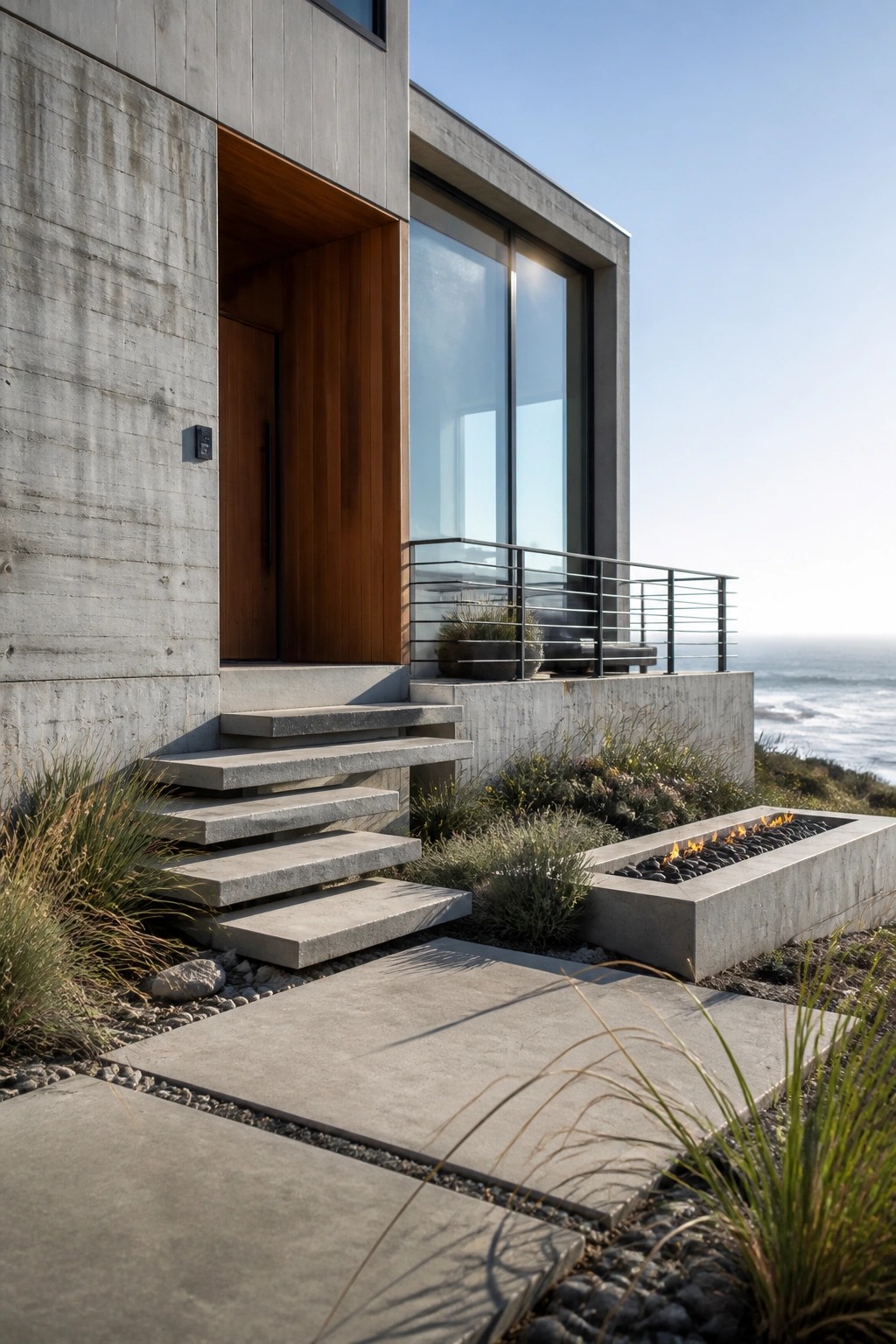 A modern concrete house exterior with a recessed wooden front door, concrete stairs, large glass windows, and a concrete fire pit in the foreground near the ocean.