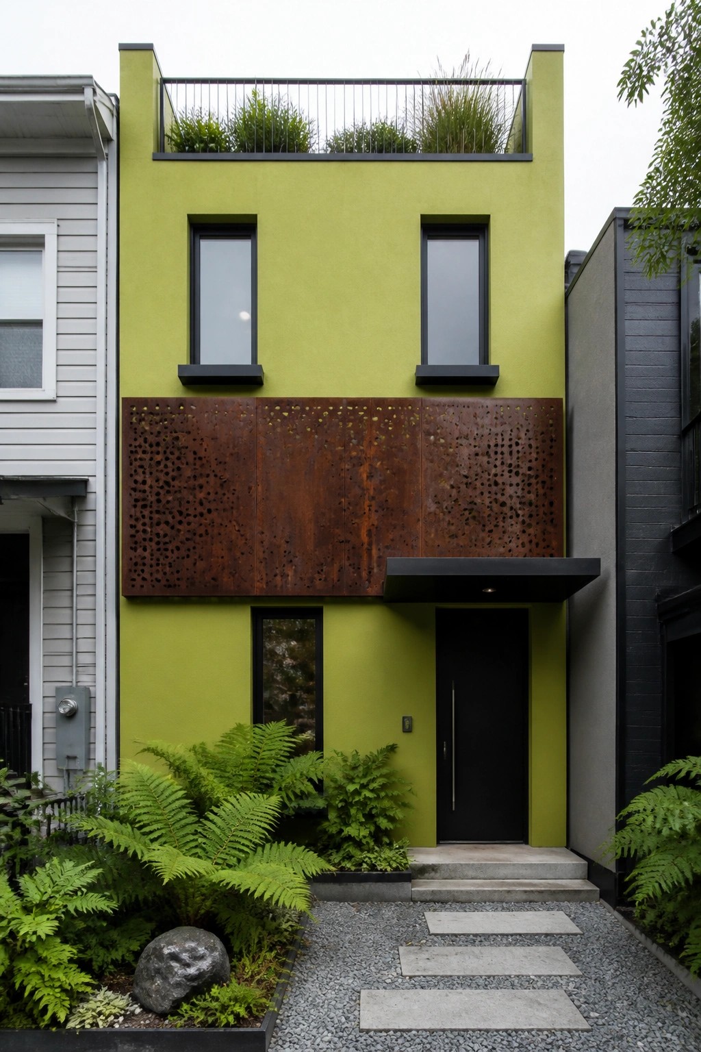 Front view of a narrow contemporary house with lime green walls, a wide perforated rusted metal panel across the middle story, black-framed windows, a black front door, and ferns beside a gravel path.