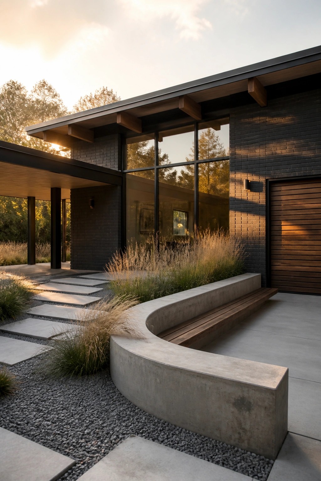 A modern house exterior with dark brick walls, large glass windows, a wooden garage door, and a curved concrete bench with wood seating along the front.