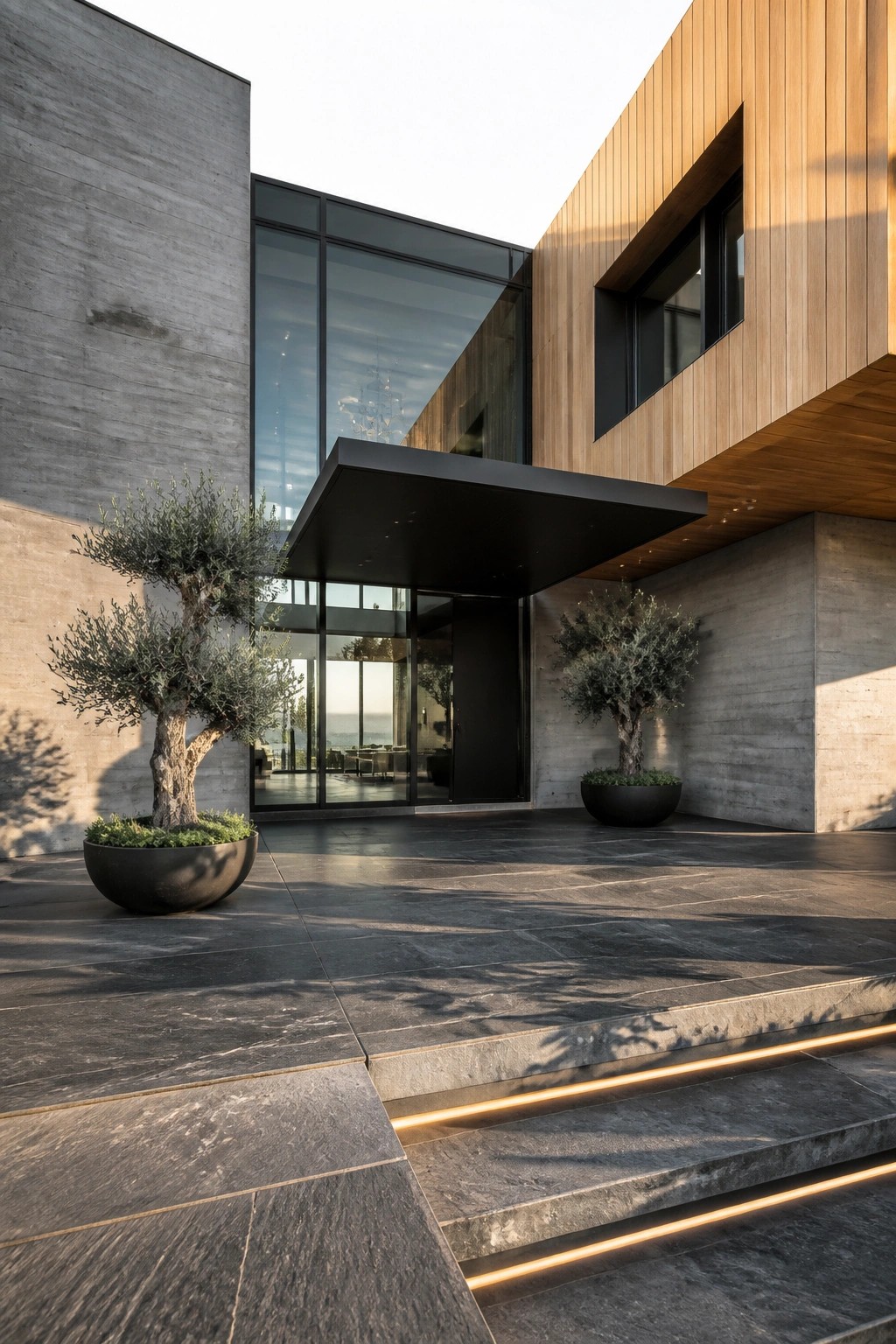 Modern house exterior showing concrete walls, wood siding, a black entry canopy, large glass windows, and two potted trees beside stone steps with built-in lighting.