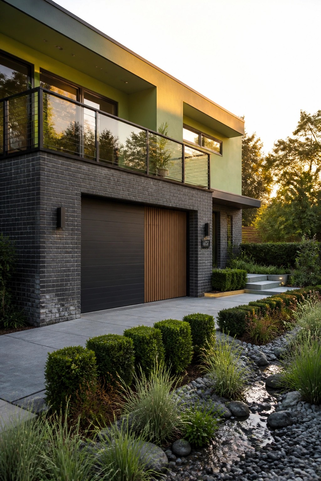 A modern two-story house with lime green upper walls, dark brick on the lower level, two contrasting garage doors, a glass balcony, and a front yard with a small water feature.