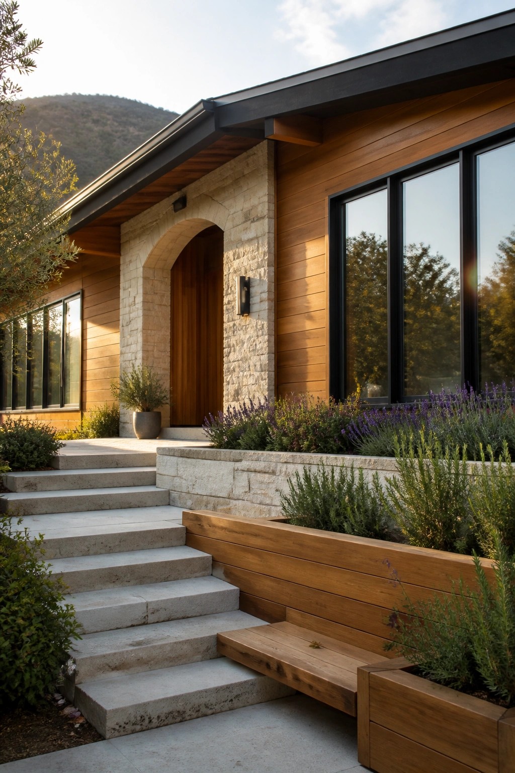 Modern house exterior with light stone around an arched wooden door, horizontal wood siding, black-framed windows, concrete steps, and planted beds in the foreground.