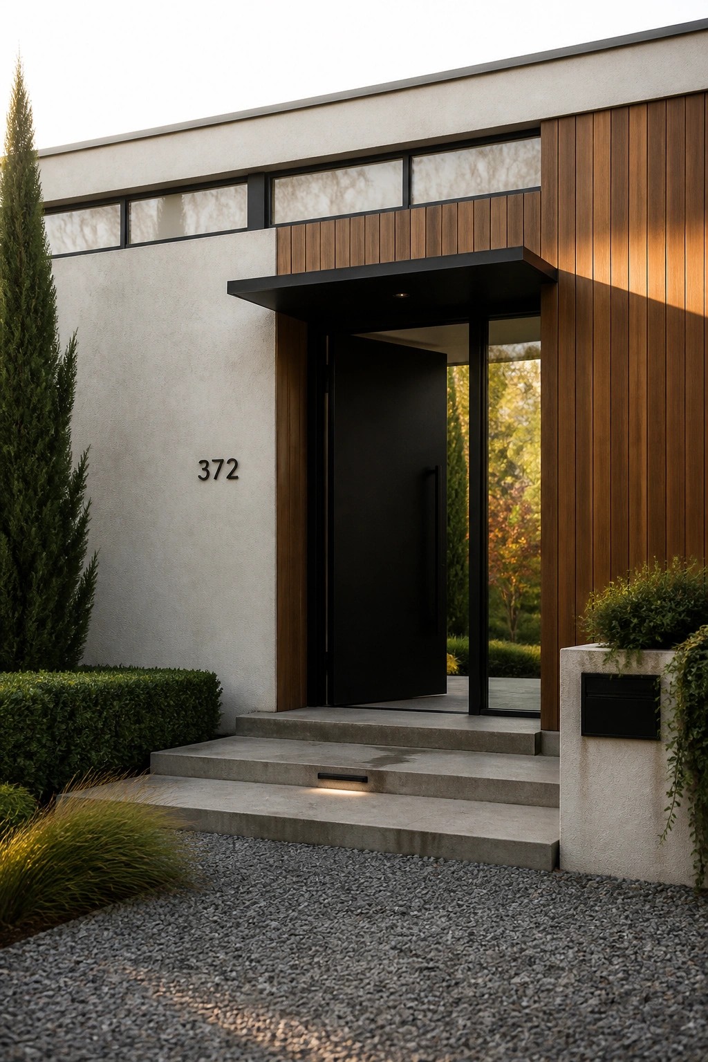 A modern house front entrance with a black door, concrete steps, wood siding on the right side, light stucco walls, and a gravel driveway.