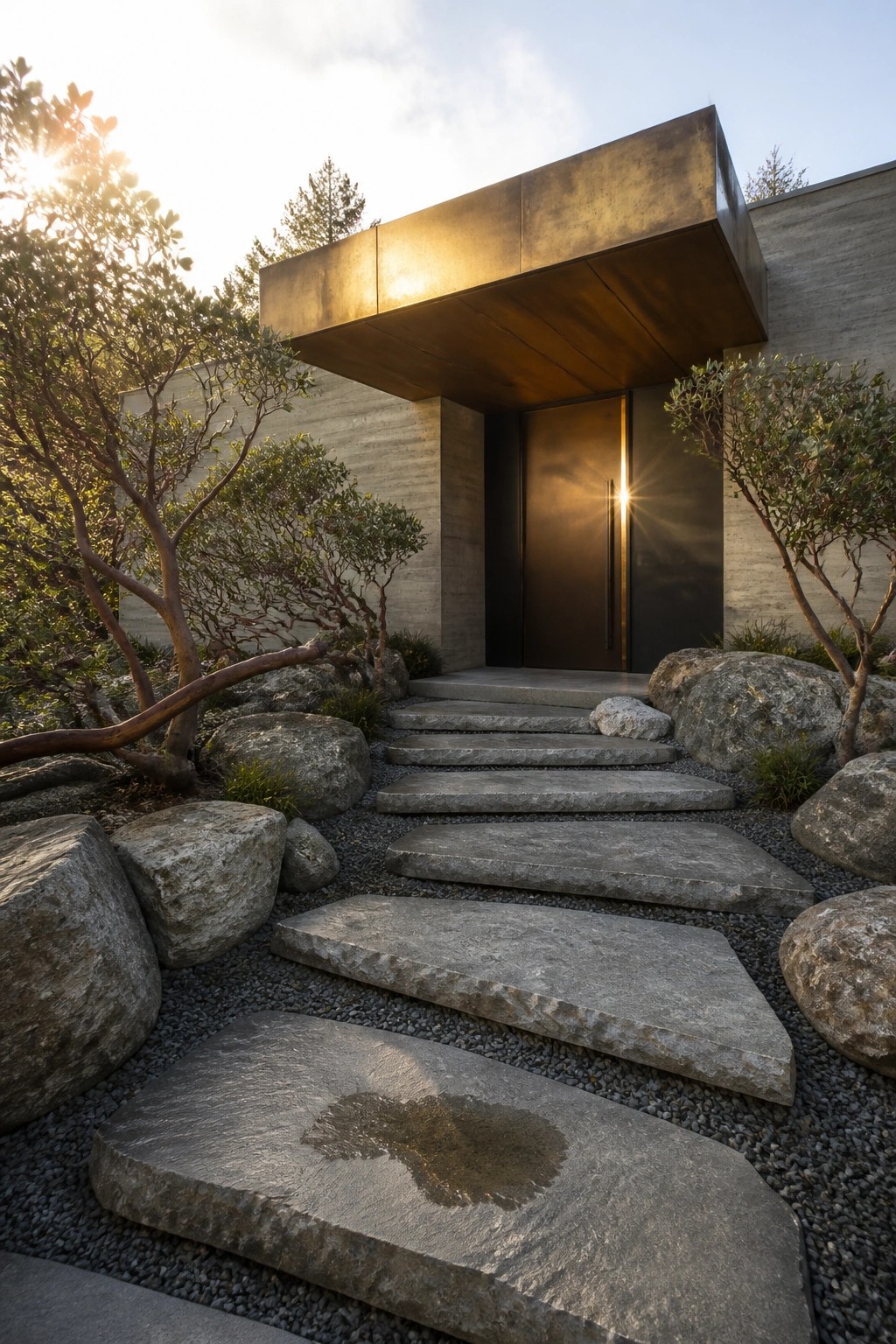 Modern bronze-canopied entrance with dark door, stone steps, boulders, and sunlit gravel path