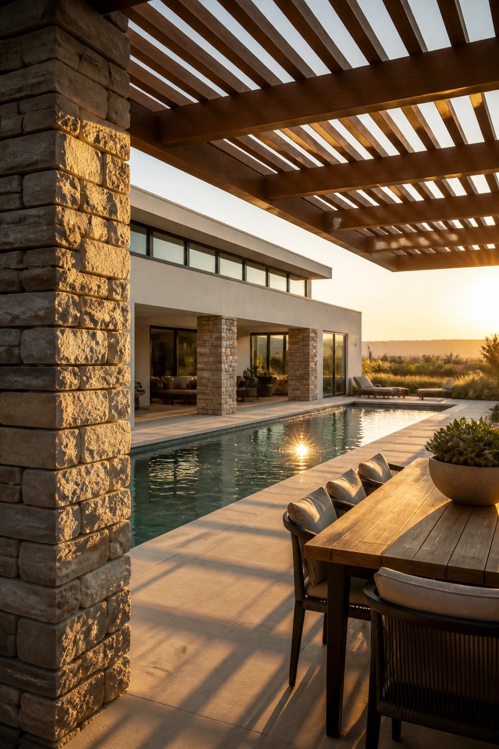 A modern house with a long pool, stone pillars, and a wooden pergola shading an outdoor dining table at sunset.