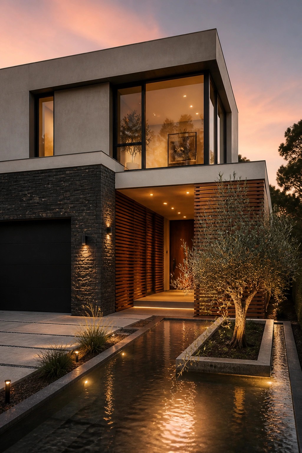 Modern two-story house with stone and concrete facade, large glass windows, and a long reflecting pool leading to the front entrance at dusk.