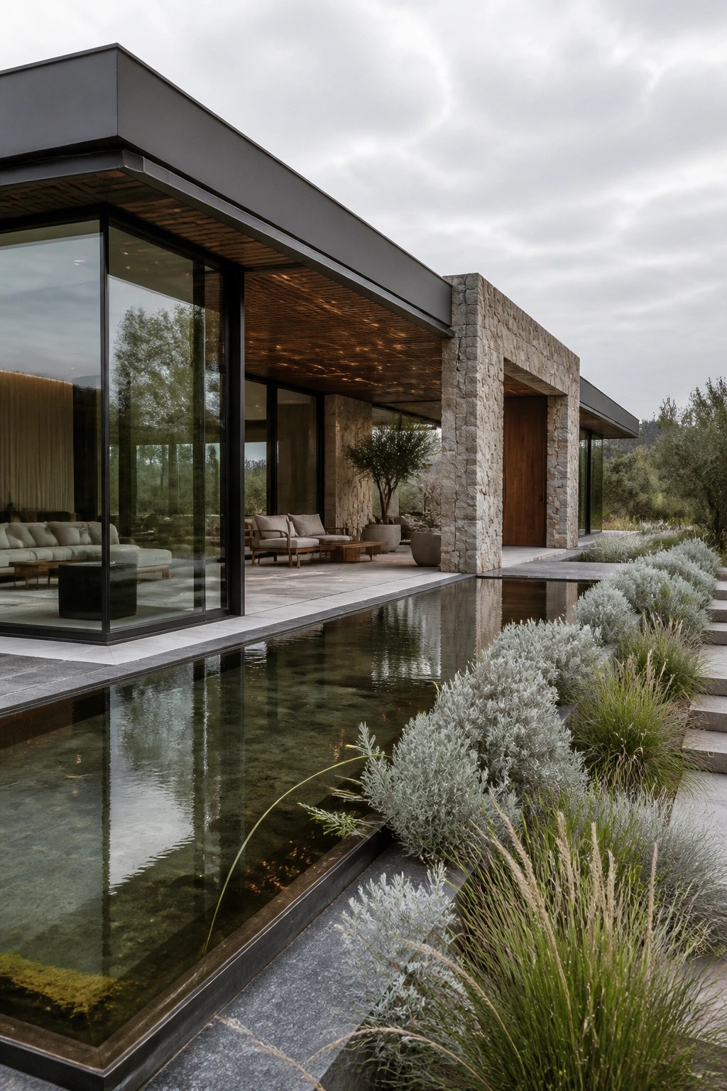Modern house exterior with large glass windows, stone pillars, dark metal roof overhang, and a long linear reflecting pool bordered by silver shrubs and grasses.