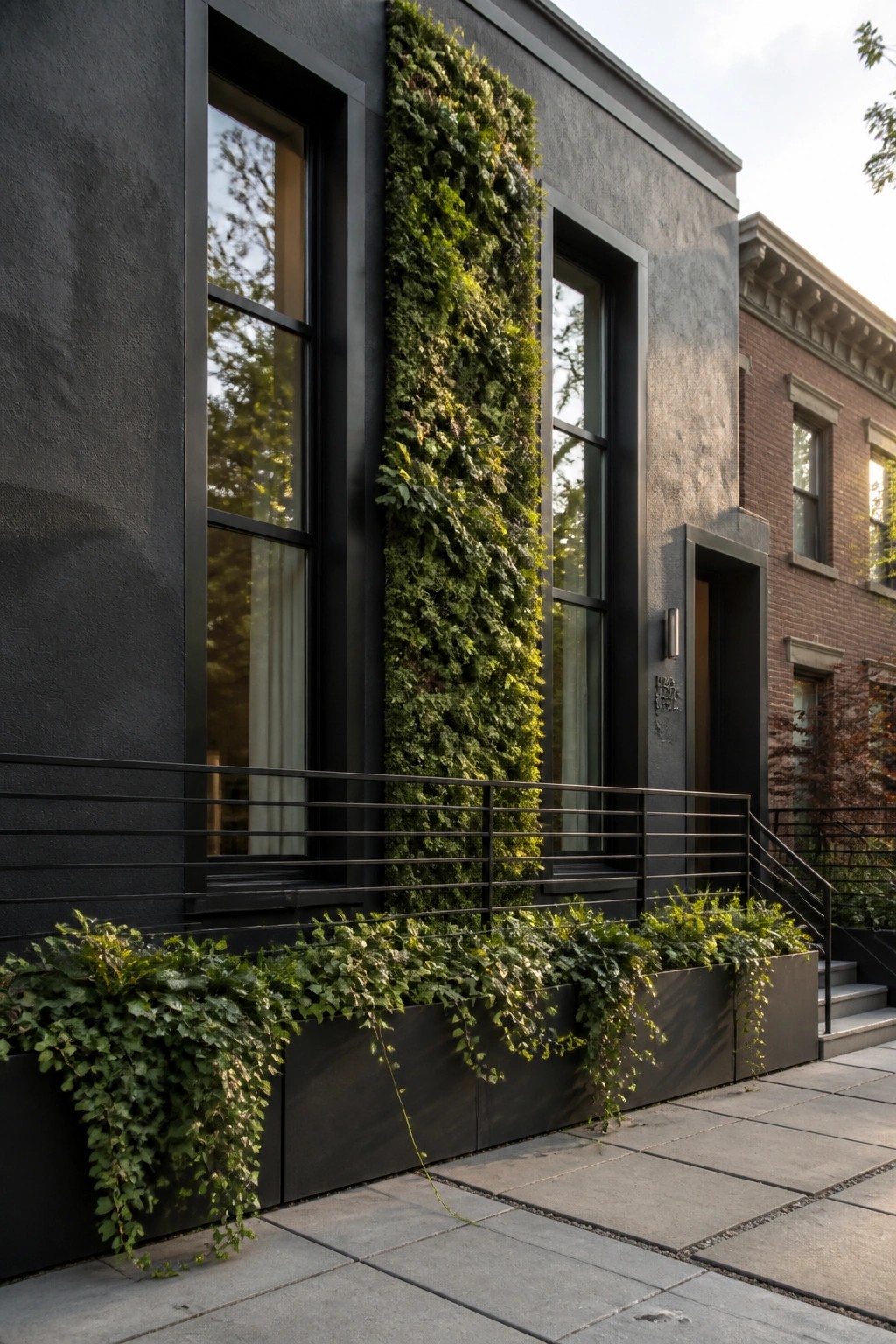 A modern dark gray house exterior with a tall vertical living wall between black-framed windows and metal planters holding trailing plants along the front.