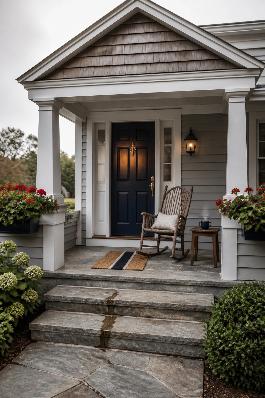 A front porch with gray siding, a dark blue door, a wooden rocking chair, a small side table, stone steps, and flower boxes with red blooms.
