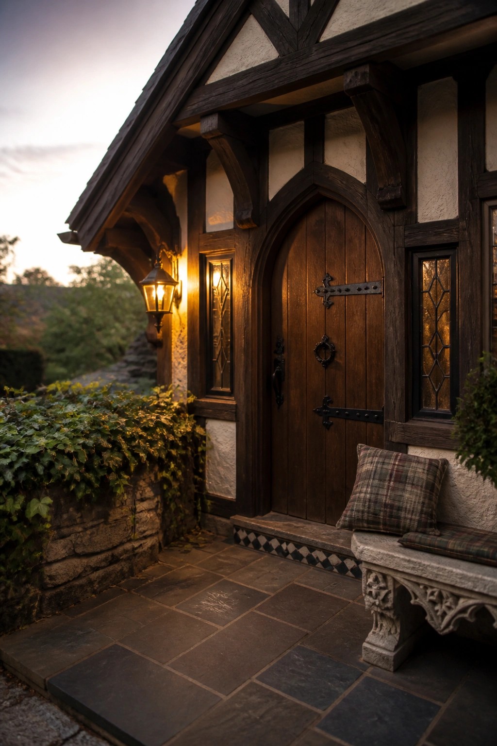A wooden arched front door with black hardware on a Tudor style house, next to a carved stone bench holding plaid cushions, with a lantern on the wall and ivy growing over a low stone wall.